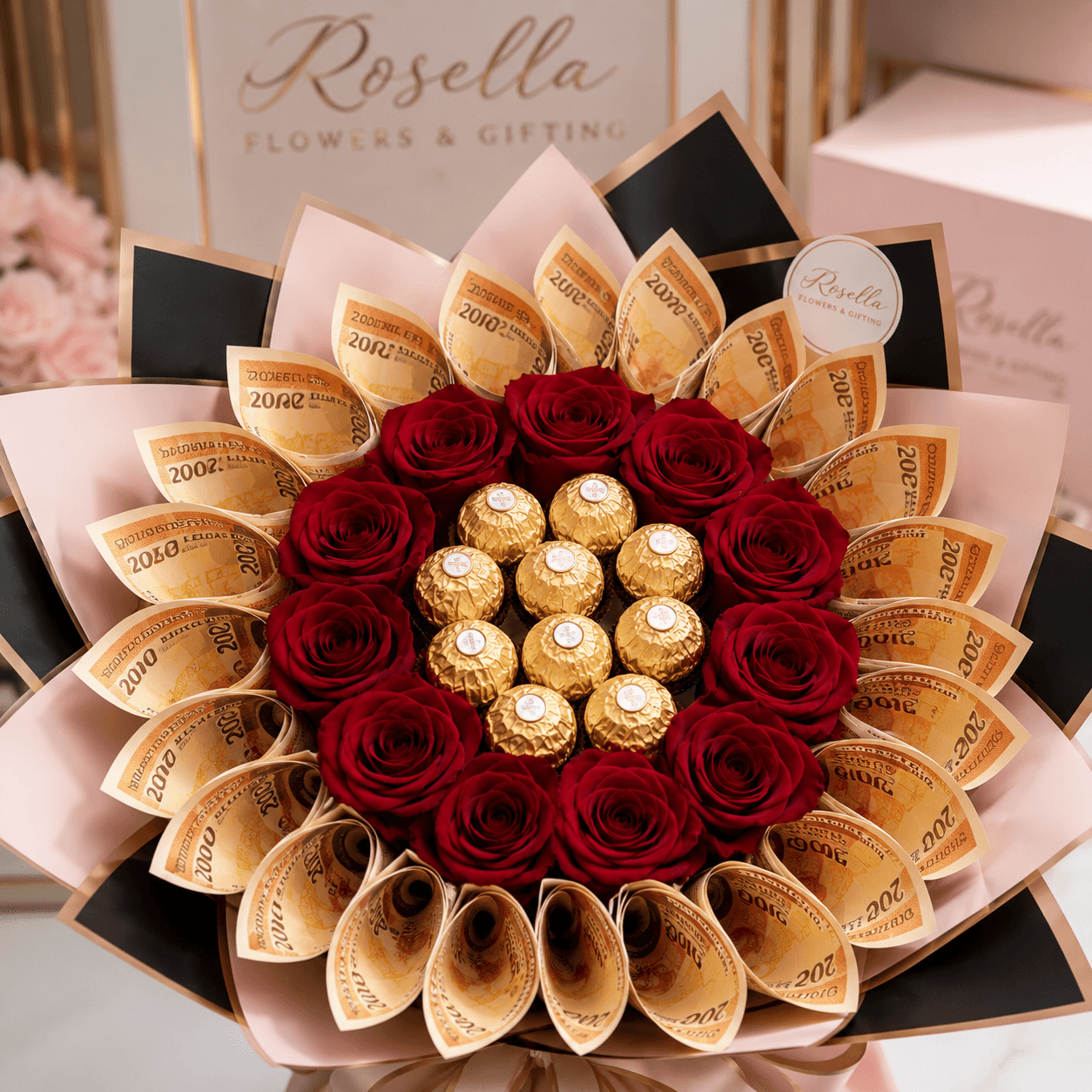 Ferrero Money Rose Bouquet money bouquet with cash-note styling and fresh rose detail by Rosella Flowers & Gifting in Polokwane