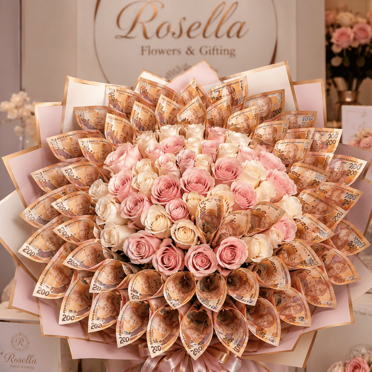 Money Bouquet Custom Request money bouquet with cash-note styling and fresh rose detail by Rosella Flowers & Gifting in Polokwane