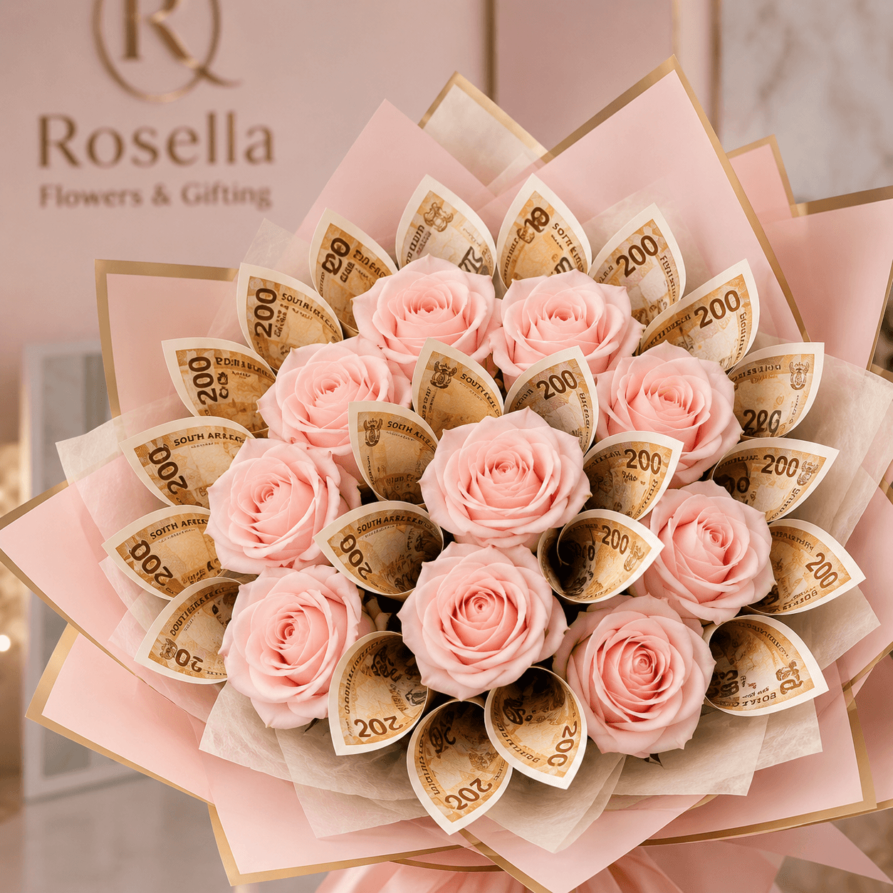 Money Rose Bouquet money bouquet with cash-note styling and fresh rose detail by Rosella Flowers & Gifting in Polokwane
