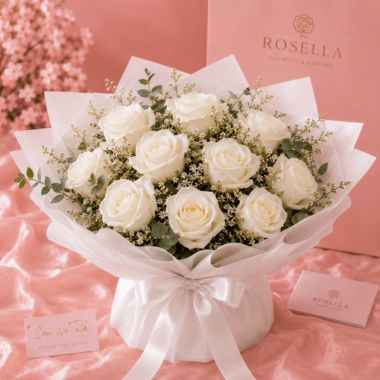 Can We Talk white rose bouquet with white roses and a message card by Rosella Flowers & Gifting in Polokwane