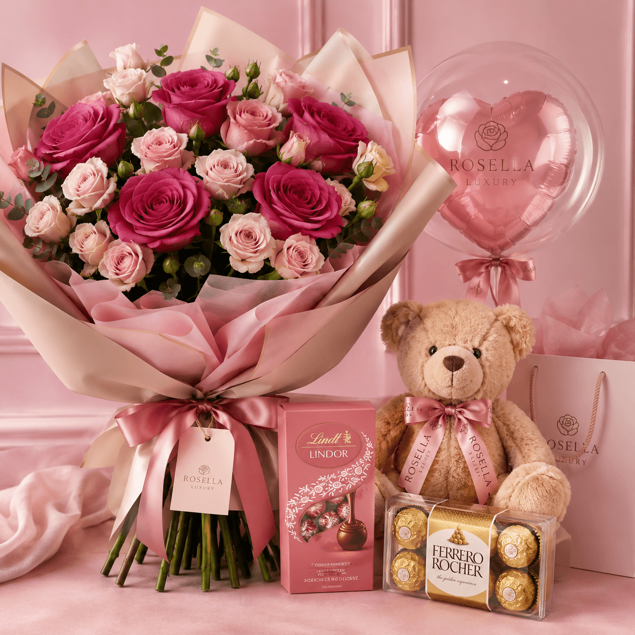 Luxury Gift Bundle flower and gift bundle with premium roses, a premium teddy bear, Ferrero-style chocolates, Lindt-style by Rosella Flowers & Gifting in