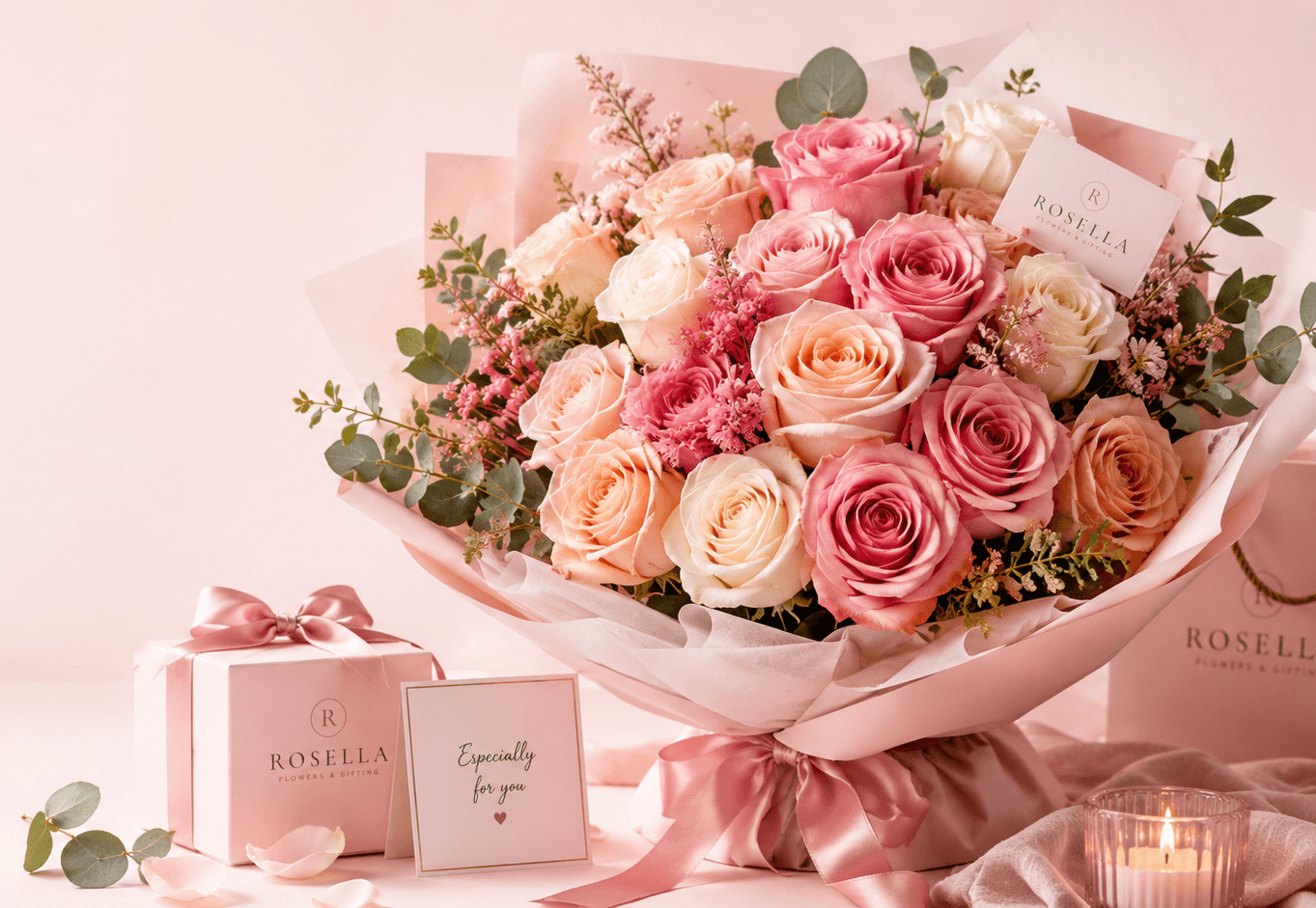 Soft blush Rosella rose box with ribbon and gift card