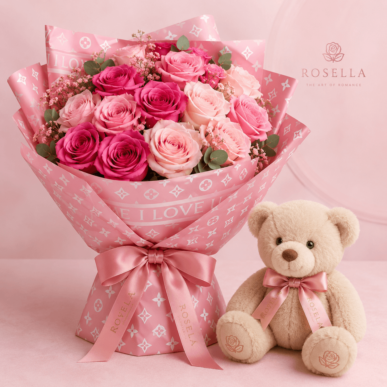 Rose & Teddy Romance Set pink rose bouquet with pink roses and a premium teddy bear by Rosella Flowers & Gifting in Polokwane