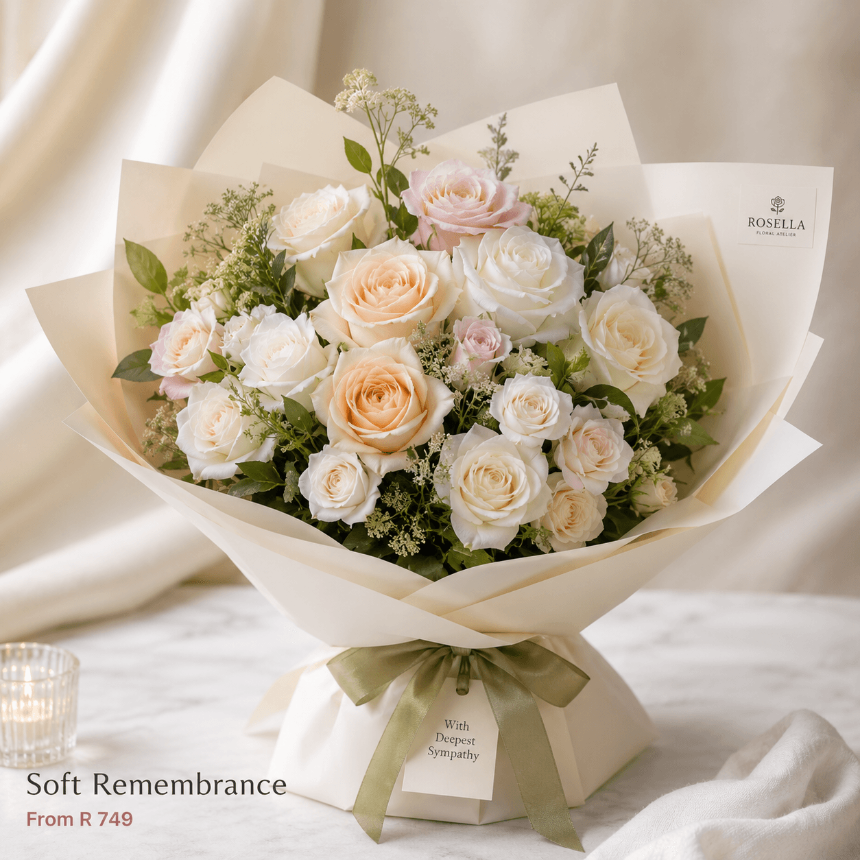 Rest in Bloom flower and gift bundle with cream roses by Rosella Flowers & Gifting in Polokwane