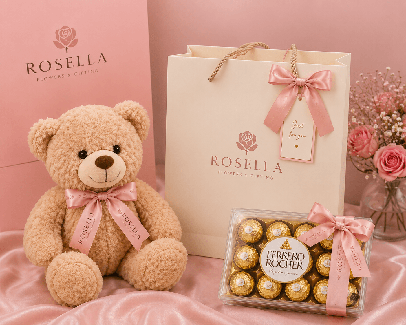 Teddy & Ferrero Gift Set flower and gift bundle with premium roses, a premium teddy bear and Ferrero-style chocolates by Rosella Flowers & Gifting in