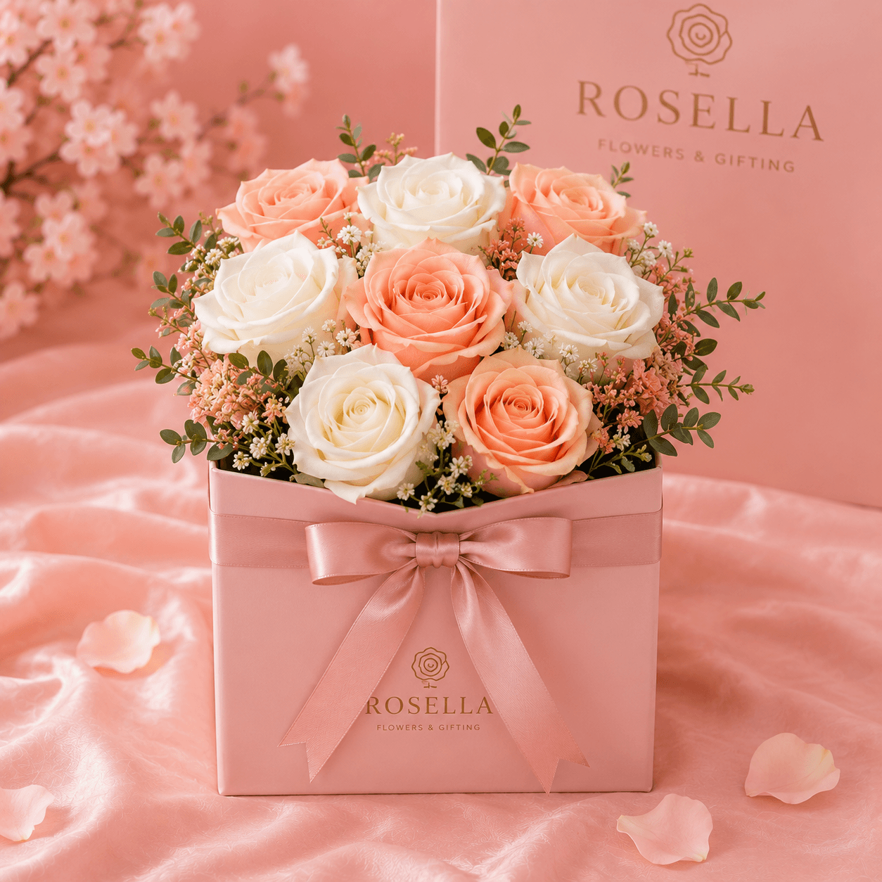 White & Peach Rose Box rose gift box with white roses by Rosella Flowers & Gifting in Polokwane