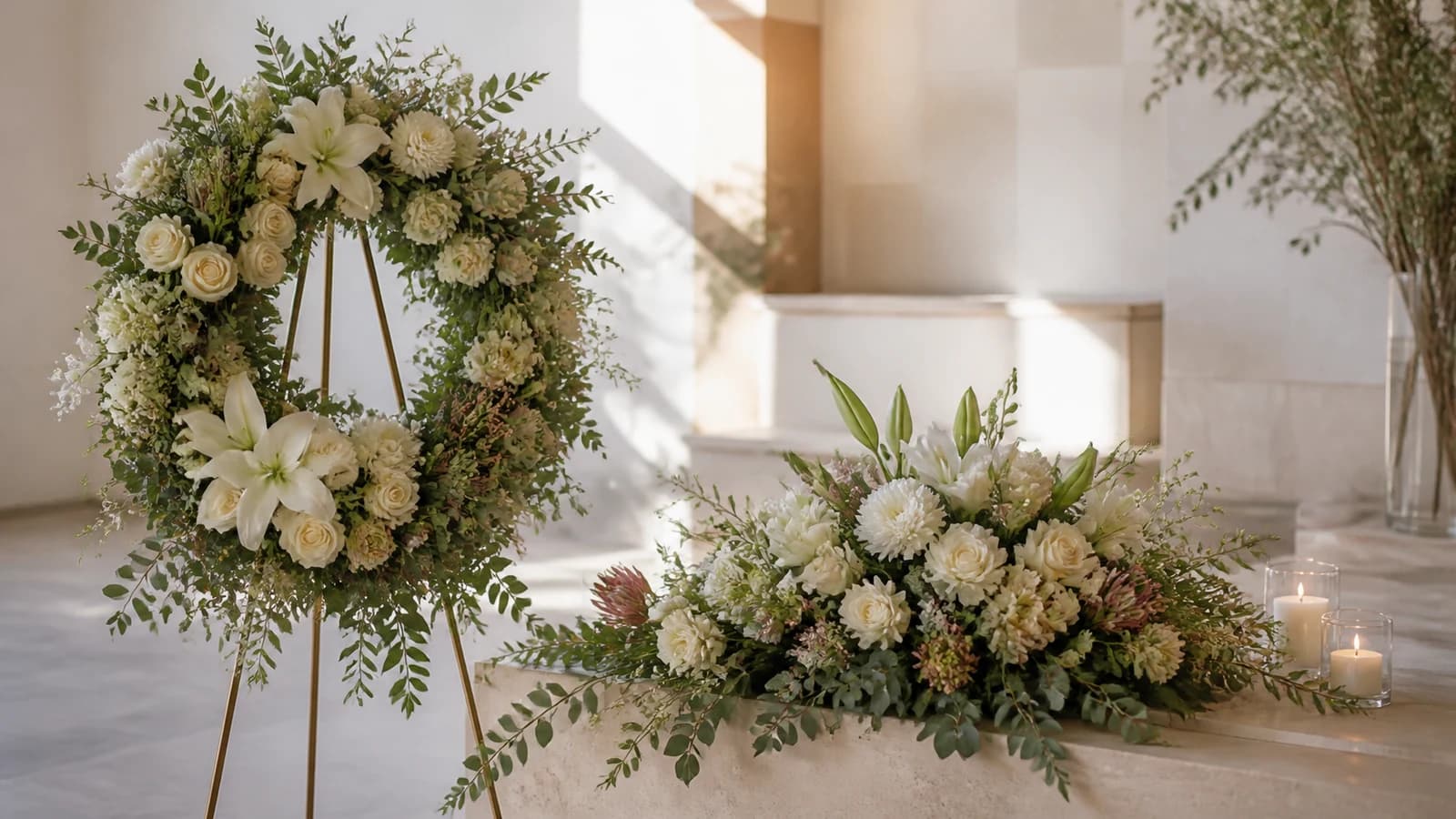 White and green funeral wreath and memorial flower arrangement with lilies and roses
