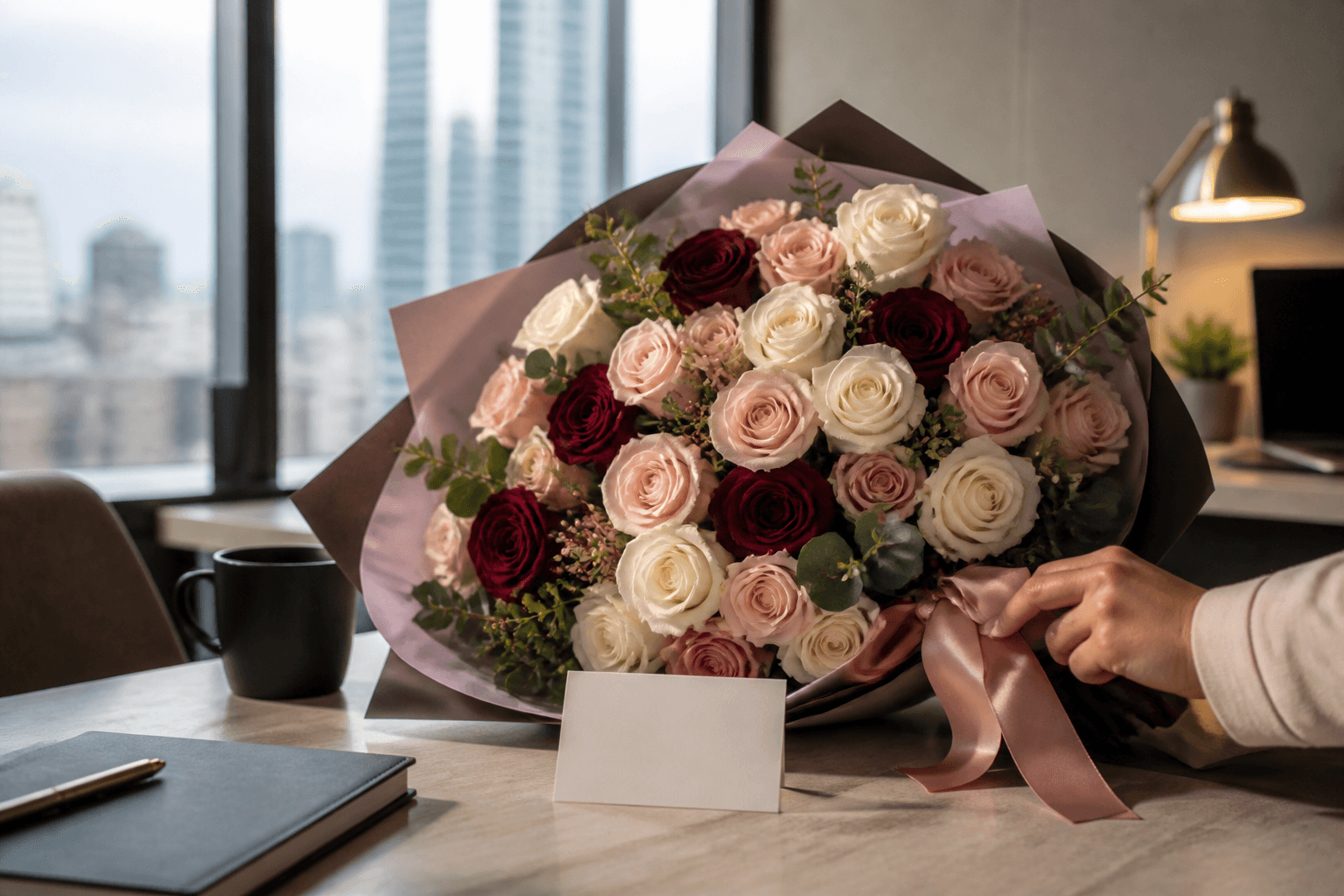 A premium rose bouquet delivered to a contemporary Gauteng office