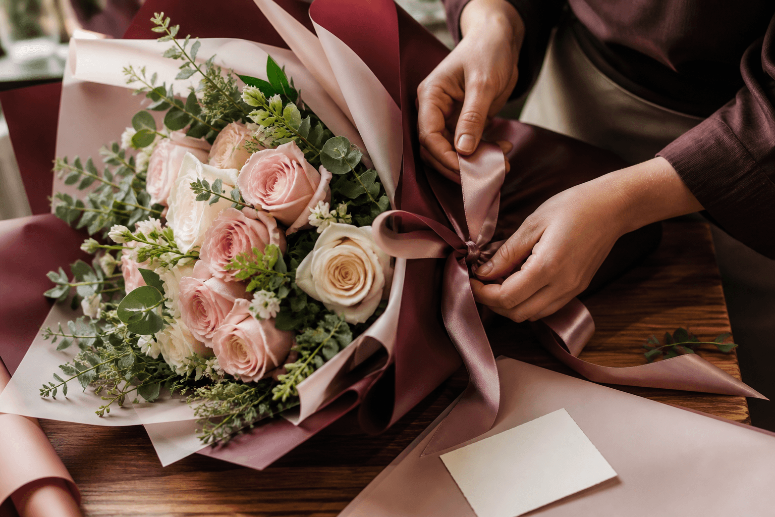 A florist tying satin ribbon around a premium blush and cream rose bouquet