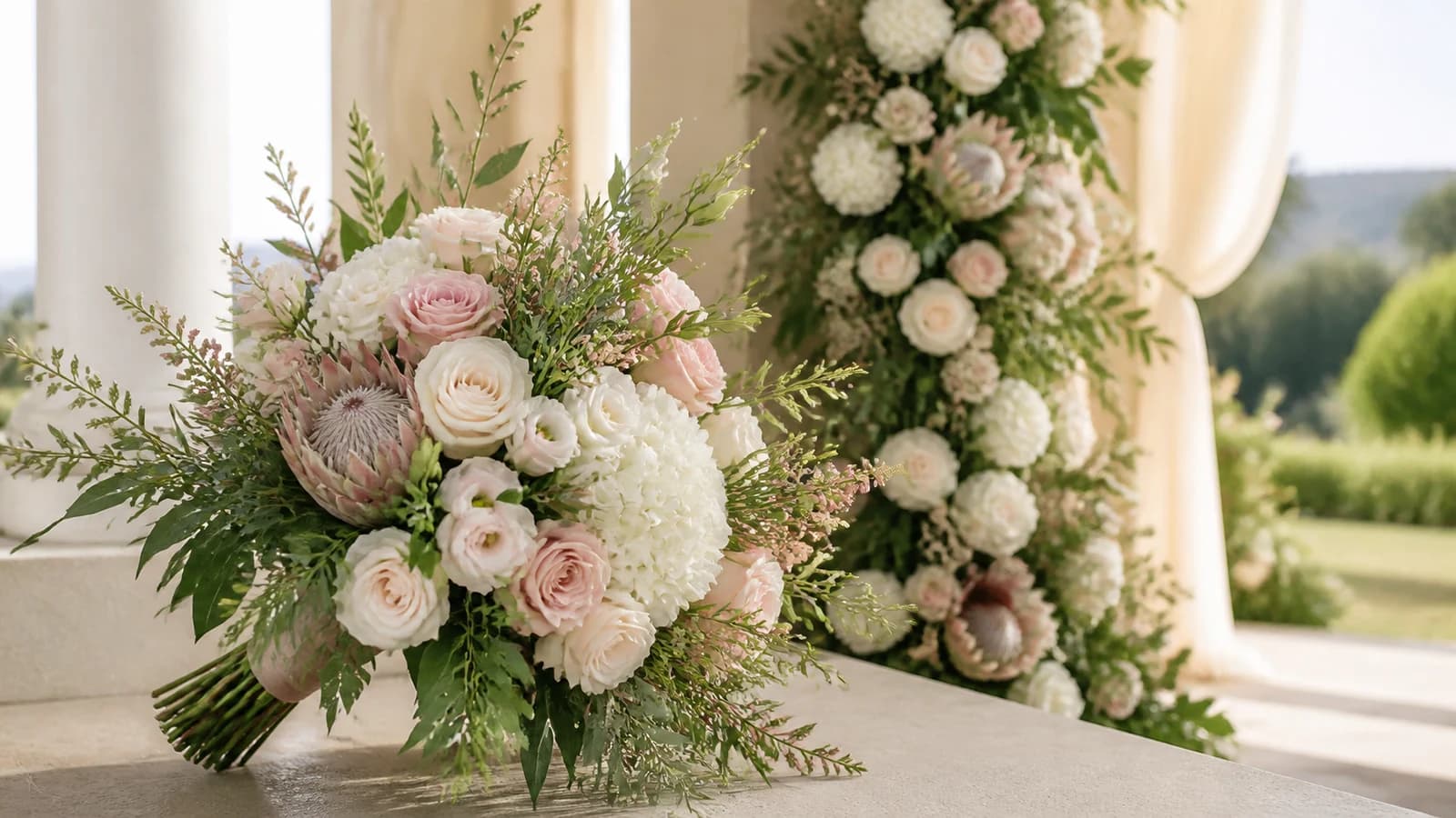 Blush and white South African wedding flowers with a protea bridal bouquet and ceremony installation