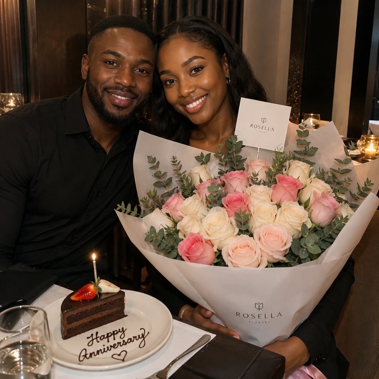 A couple celebrating an anniversary with a pale pink Rosella rose bouquet