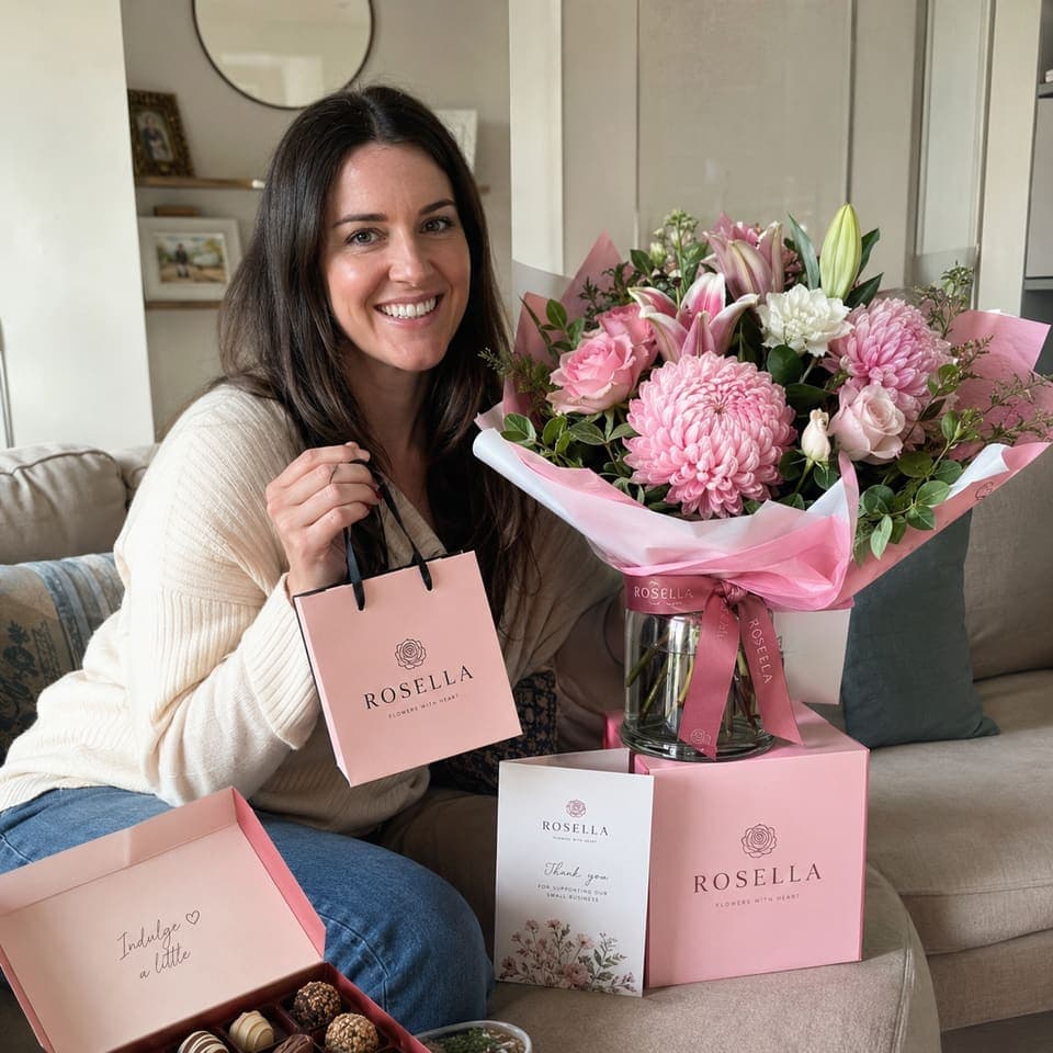 A customer seated with flowers, chocolates and Rosella gift boxes
