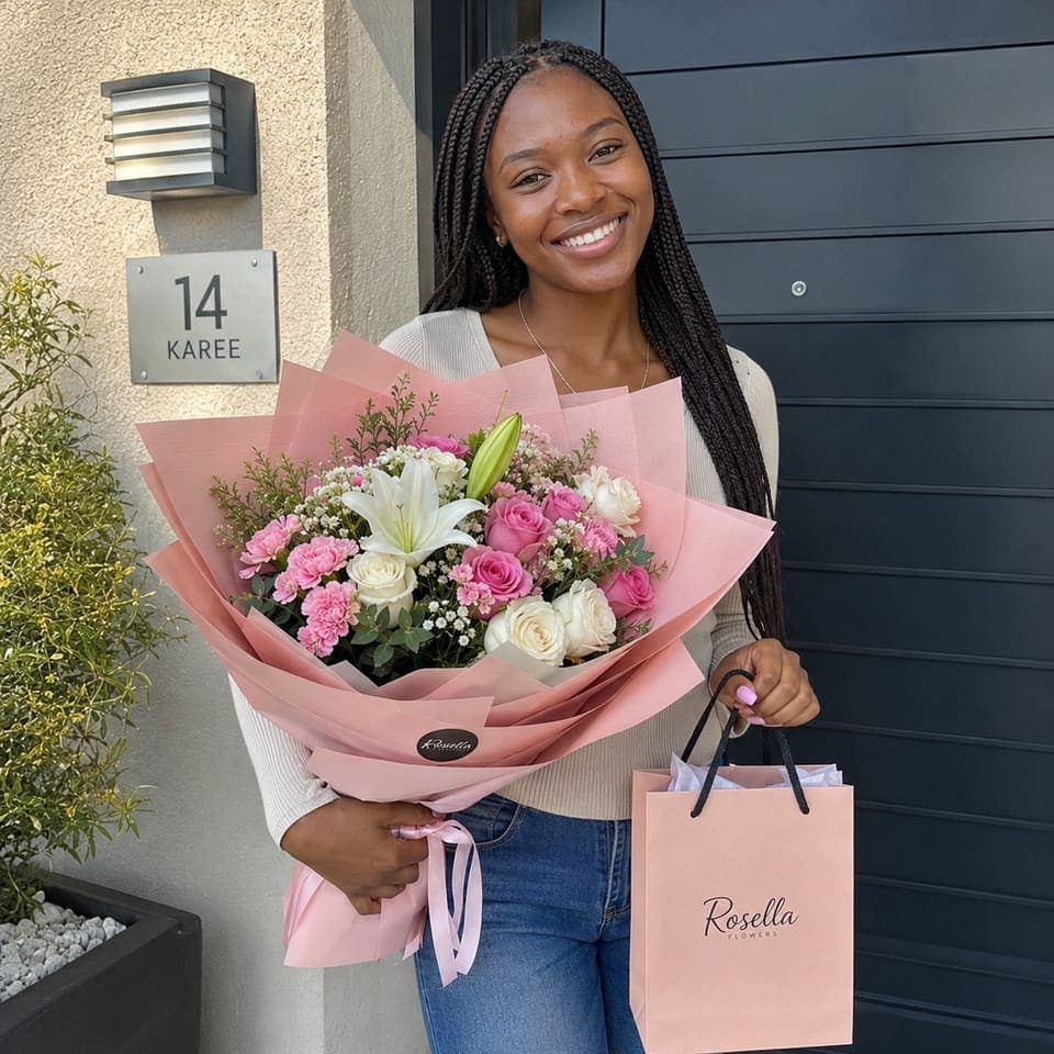 A customer smiling with a pink bouquet and Rosella gift bag outside her home