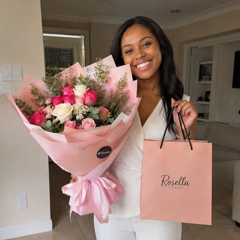 A customer holding a pink bouquet and Rosella gift bag in her doorway