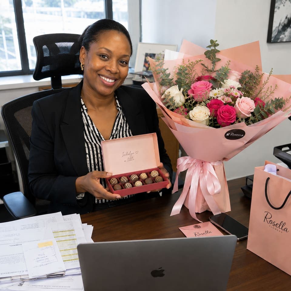 A professional at her desk with flowers, chocolates and a Rosella gift bag