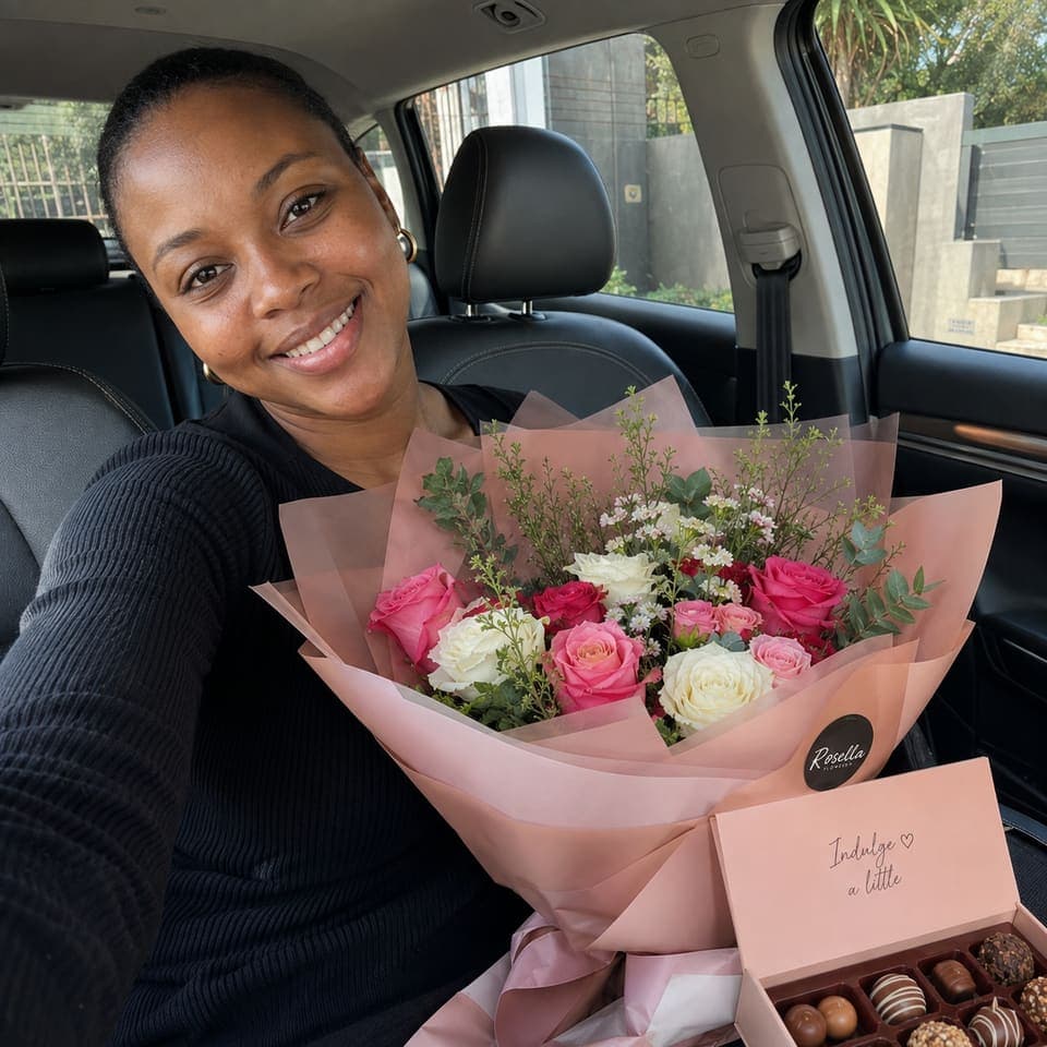 A customer in her car with a pink bouquet and box of chocolates