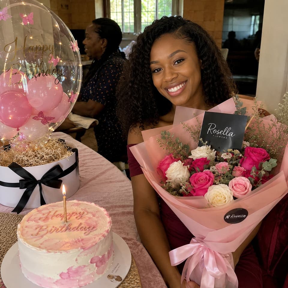 A birthday customer with a Rosella bouquet, cake and celebration balloon