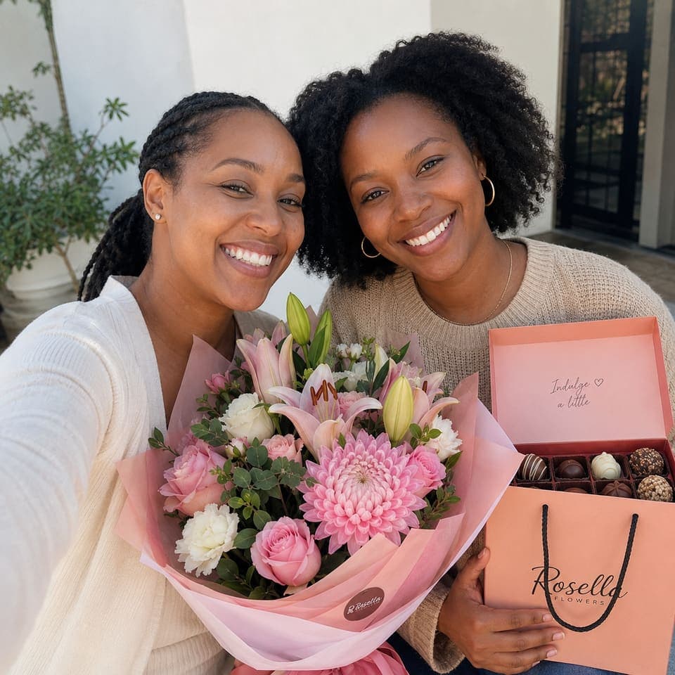Two friends taking a photo with a pink bouquet and Rosella gifts