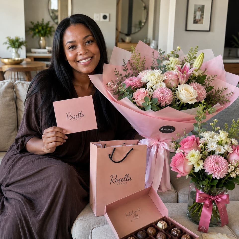 A customer seated at home with Rosella flowers, chocolates and gift bags