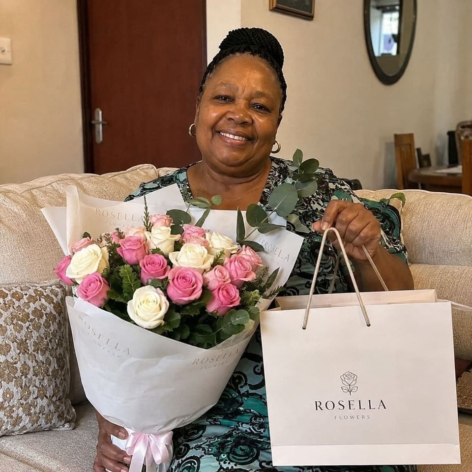 A customer seated at home with a pink and white bouquet and Rosella bag
