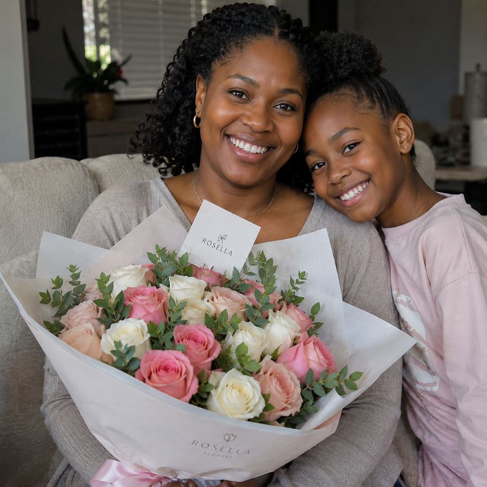 A mother and daughter smiling together behind a pink and white bouquet