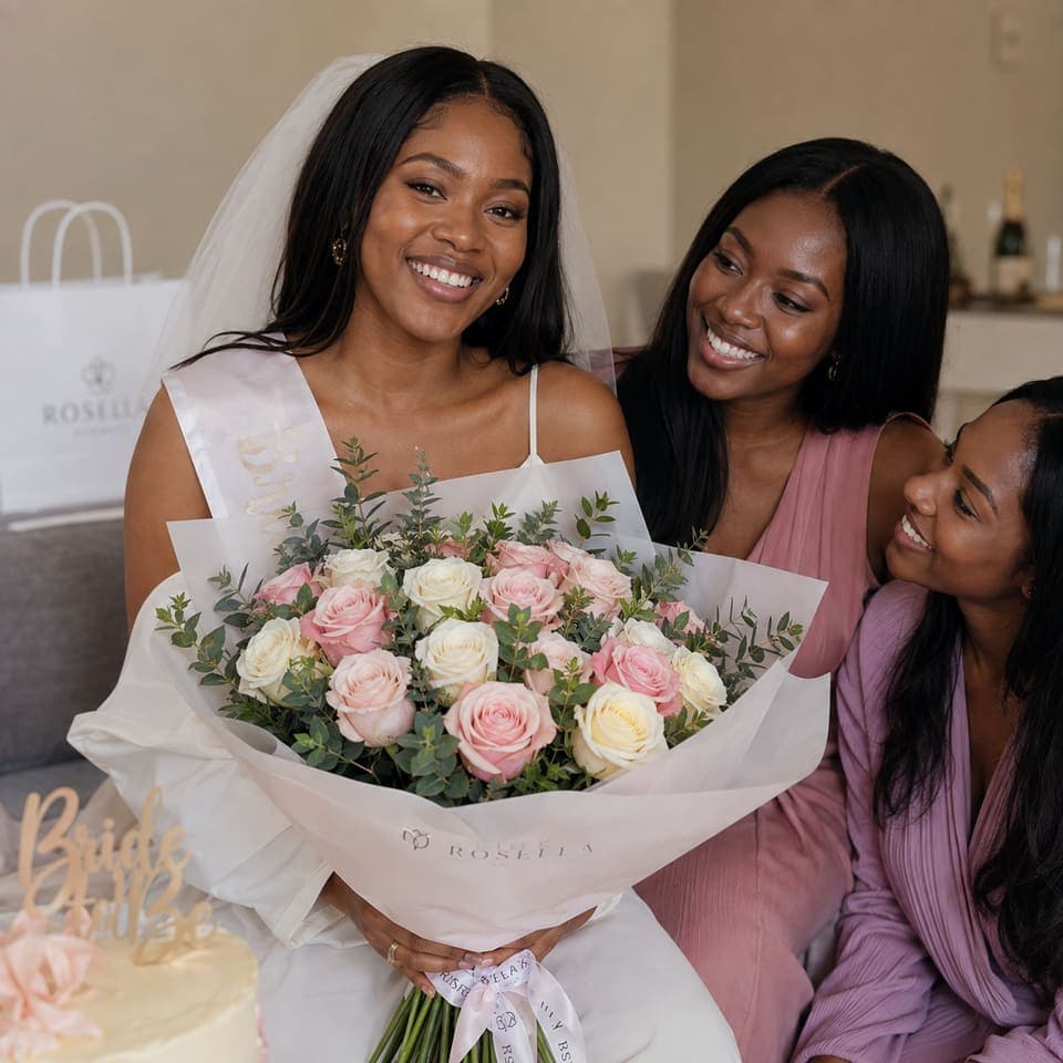 A bride-to-be celebrating with friends and a large Rosella rose arrangement