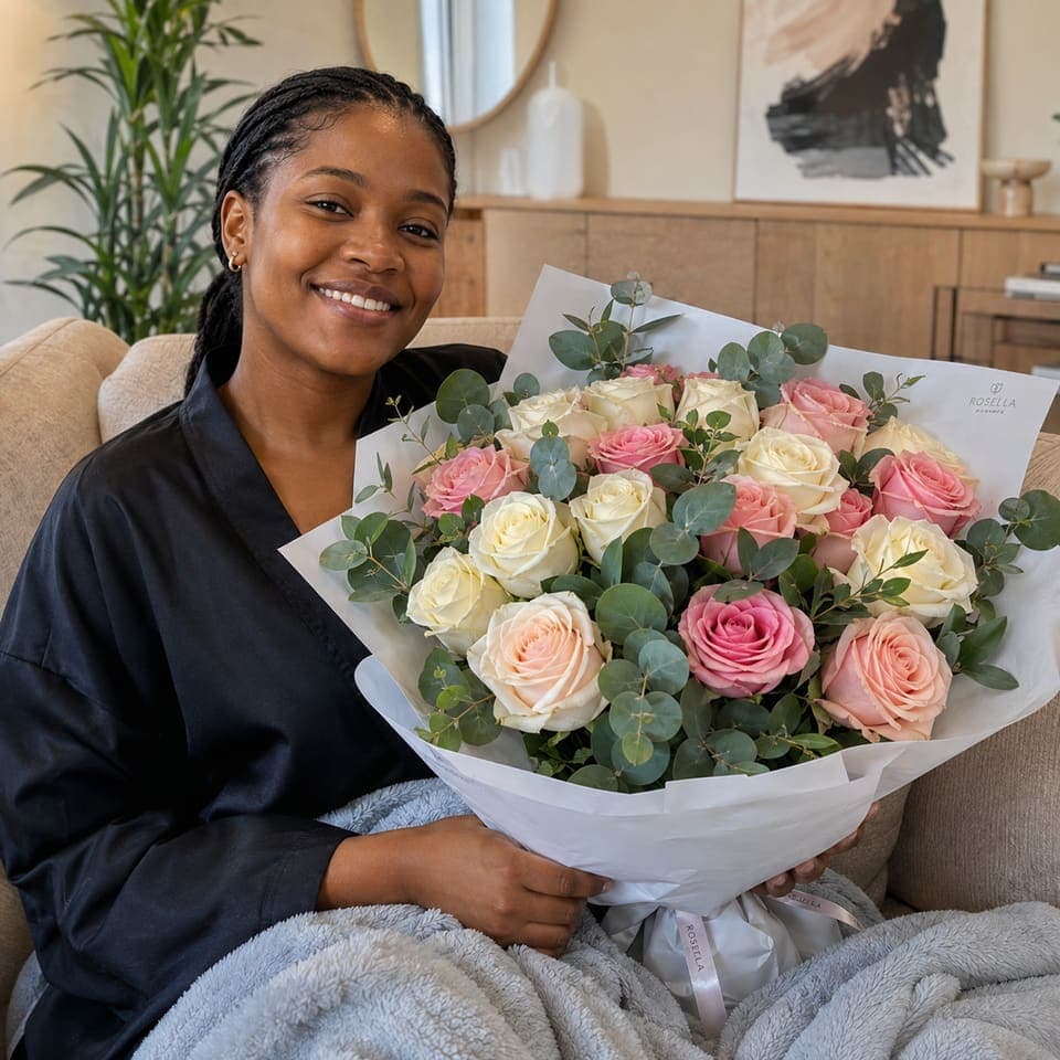 A customer relaxing at home with a pale pink and white bouquet