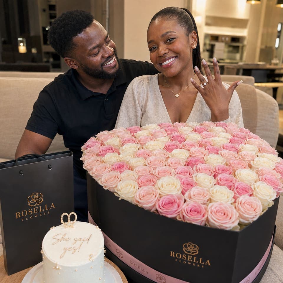 An engaged couple celebrating with a large rose arrangement and cake