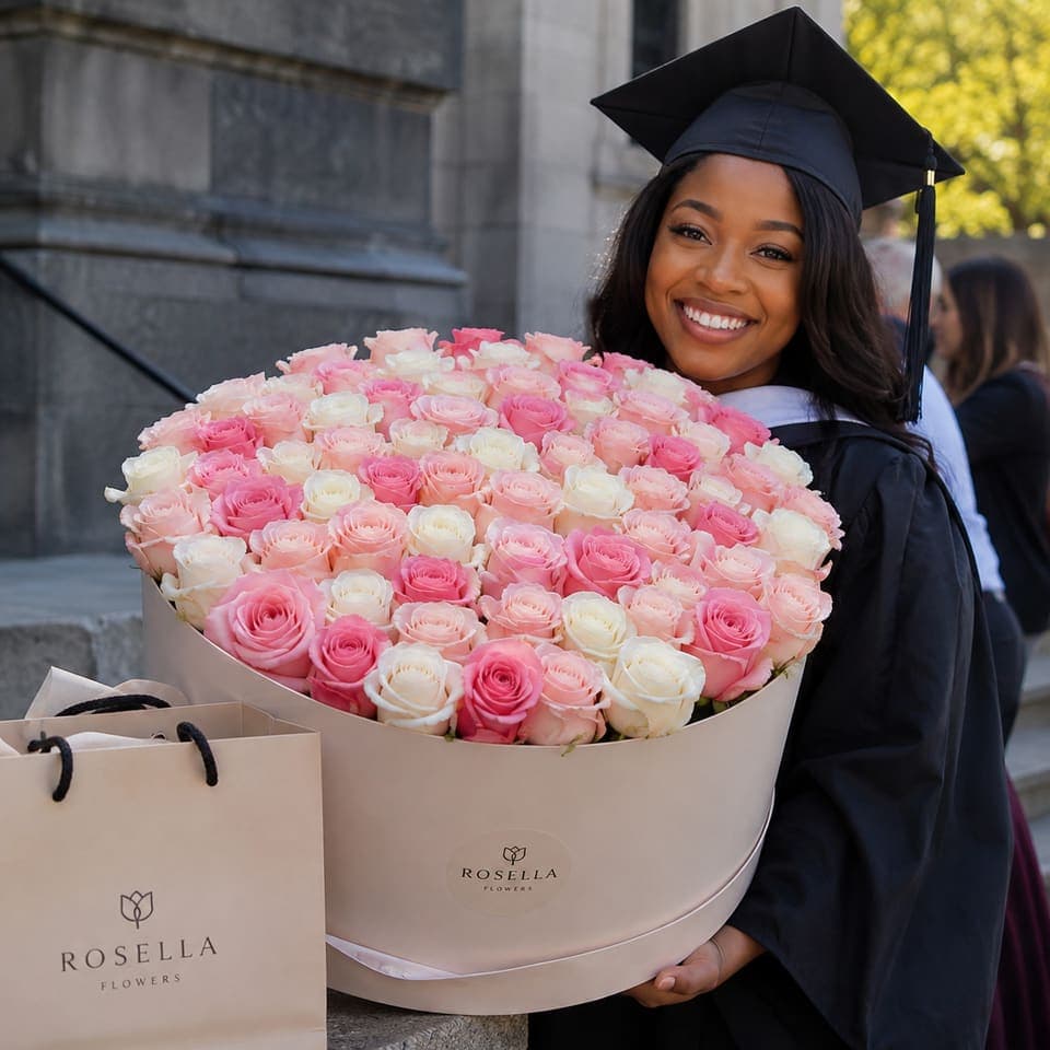 A graduate holding an oversized round arrangement of pink and white roses