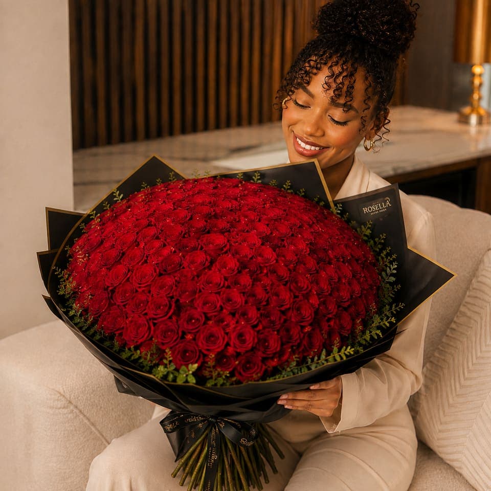 A customer seated at home with an impressive bouquet of red roses