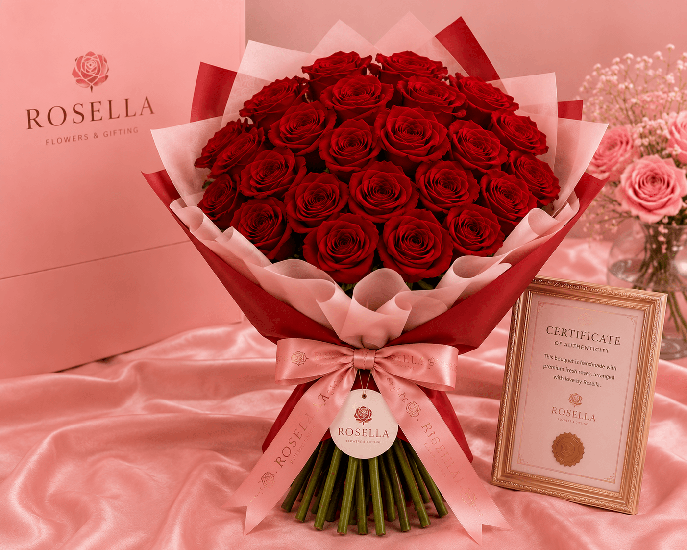 Branded Certificate Frame Gift premium rose bouquet with premium roses and certificate styling by Rosella Flowers & Gifting in Polokwane