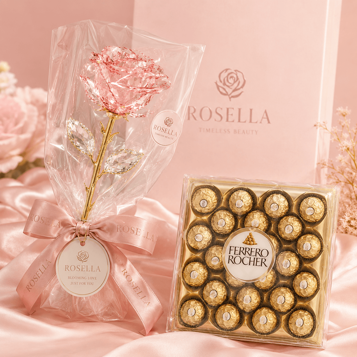 Forever Rose Romantic Gift forever rose keepsake with a preserved forever rose keepsake and Ferrero-style chocolates by Rosella Flowers & Gifting in