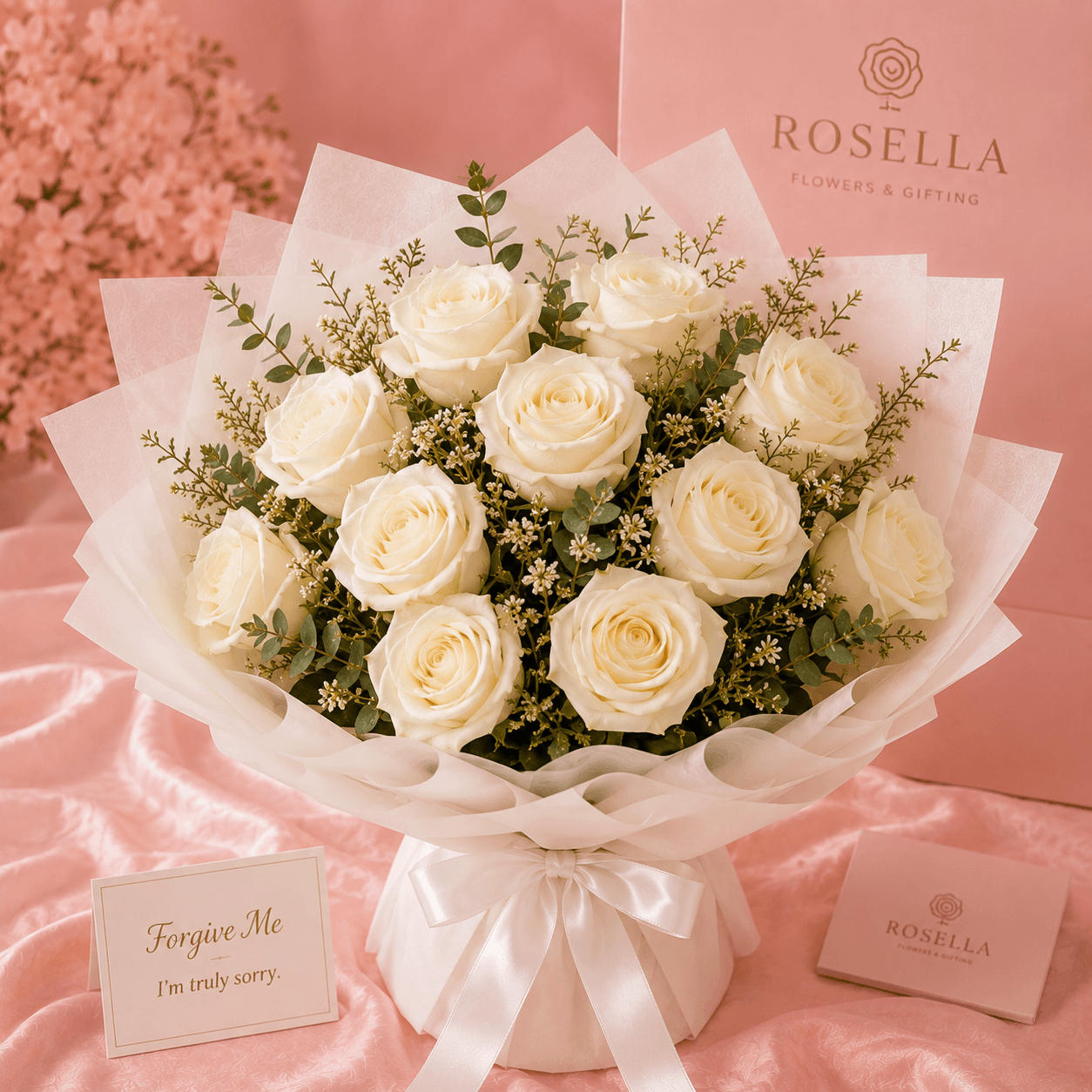 Forgive Me white rose bouquet with white roses and a message card by Rosella Flowers & Gifting in Polokwane