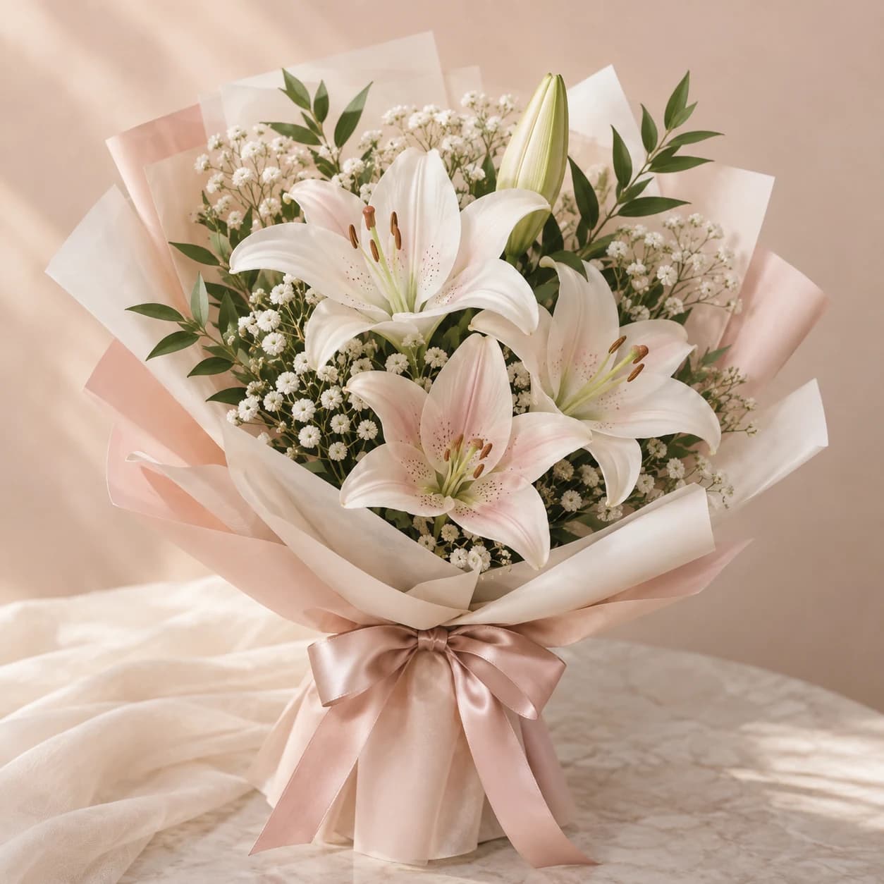 Petite Lumière – Lily Bouquet: white and soft-pink lilies with baby's breath in blush and ivory wrapping