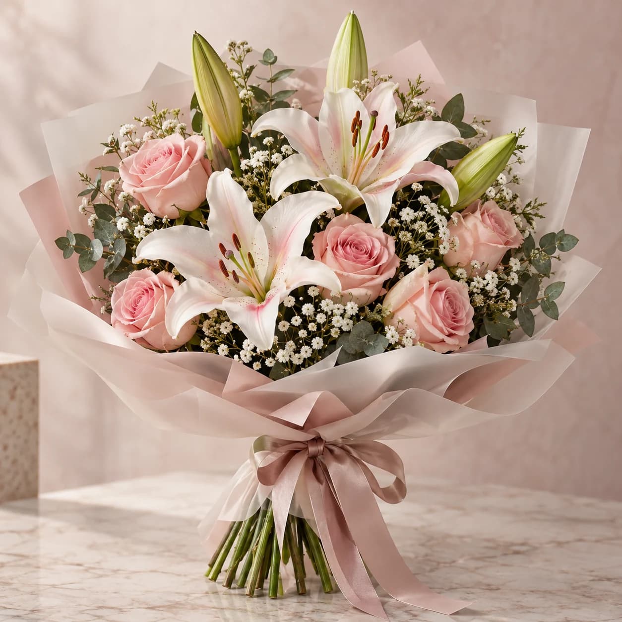 Lys & Lace – Lily & Rose Bouquet: pale lilies with blush roses and baby's breath in frosted blush wrapping