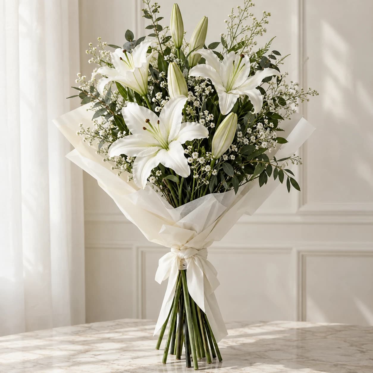 Ivory Élan – White Lily Bouquet: white lilies with baby's breath, greenery and long visible stems in ivory wrapping