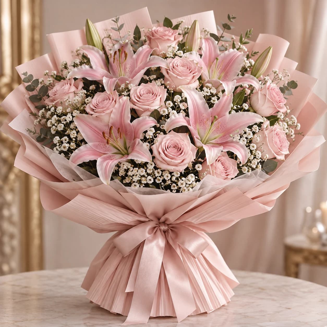 Rosé Jardin – Pink Lily & Rose Bouquet: pink lilies and blush roses in pleated pink wrapping
