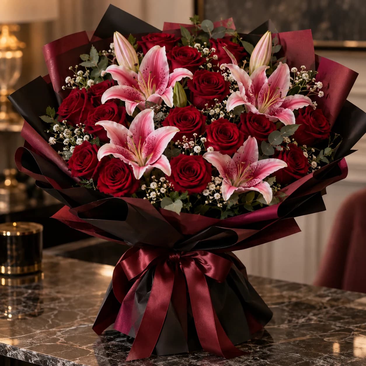 Rouge Étoile – Romantic Lily & Rose Bouquet: pink lilies and deep-red roses in black and burgundy wrapping