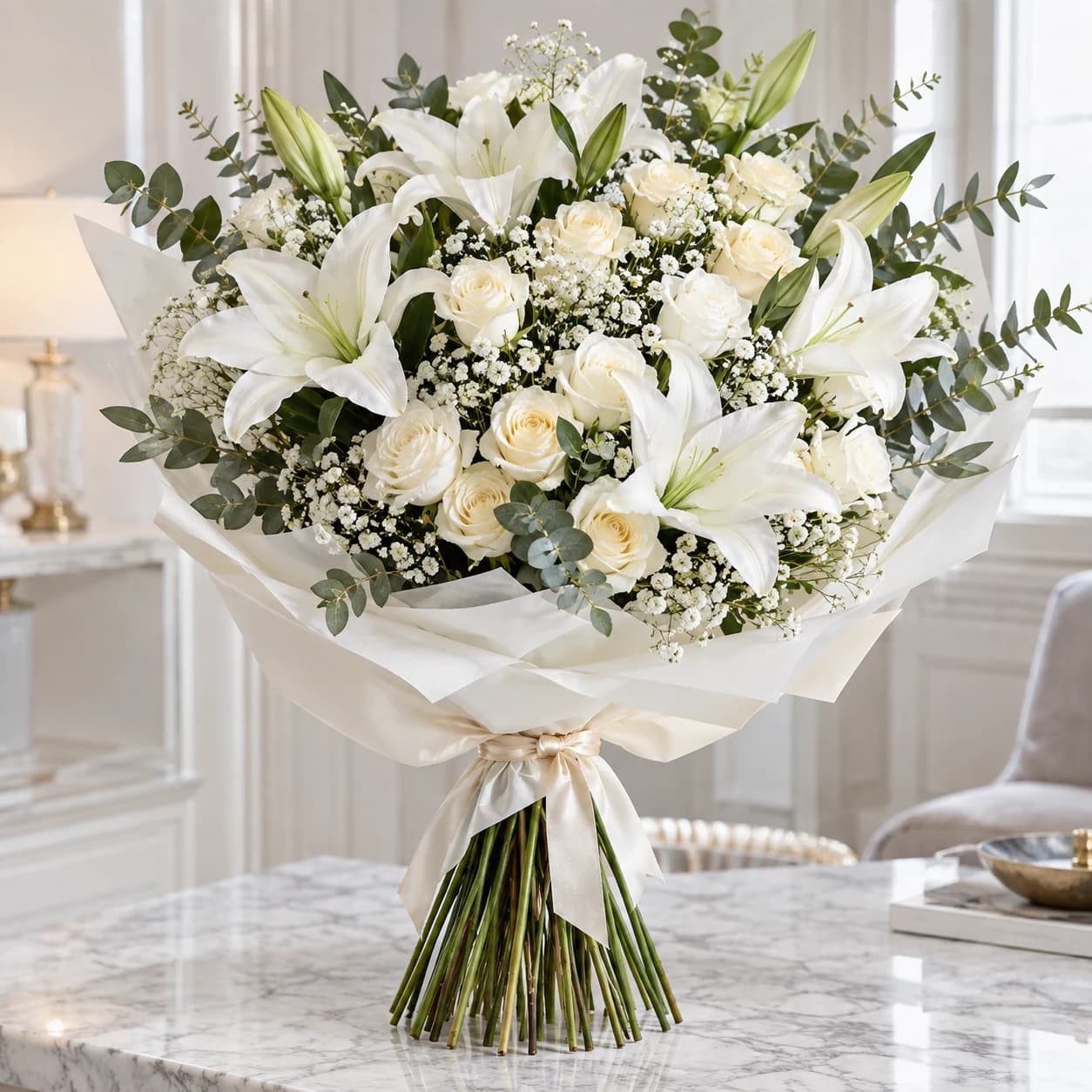 Maison Blanche – Luxury White Bouquet: white lilies and ivory roses with greenery in frosted ivory wrapping
