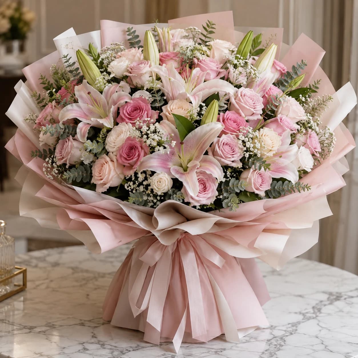 Jardin Impérial – Grand Lily & Rose Bouquet: pink and white lilies with roses in wide blush and ivory wrapping