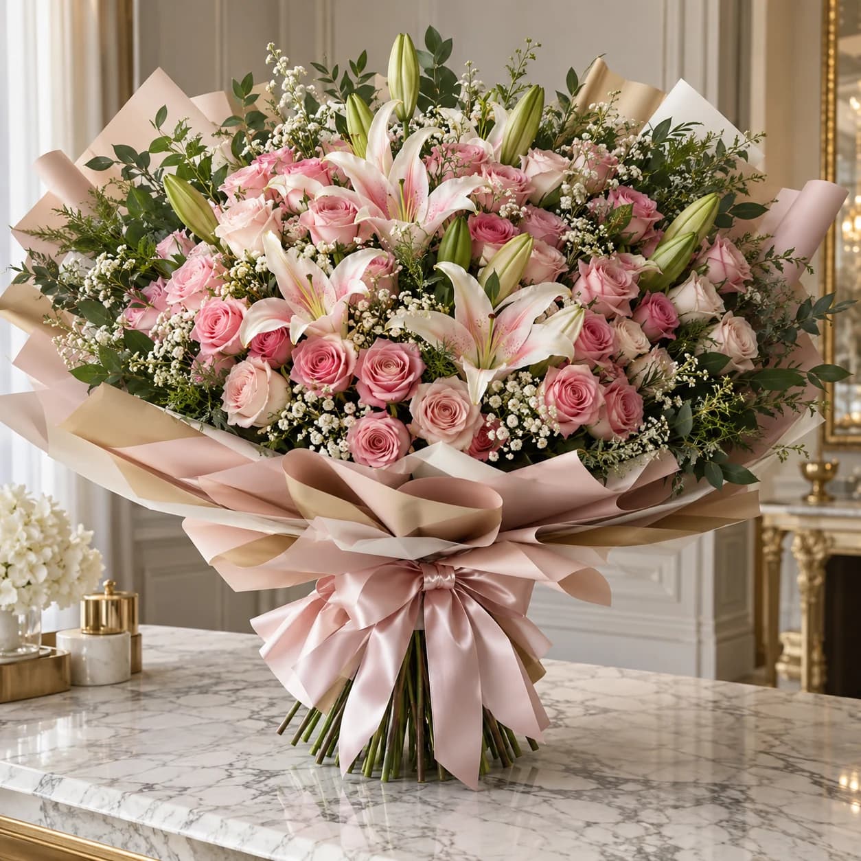 Grand Lys Royale – Signature Lily Bouquet: pink lilies and ivory roses in an extra-wide blush and champagne fan wrap