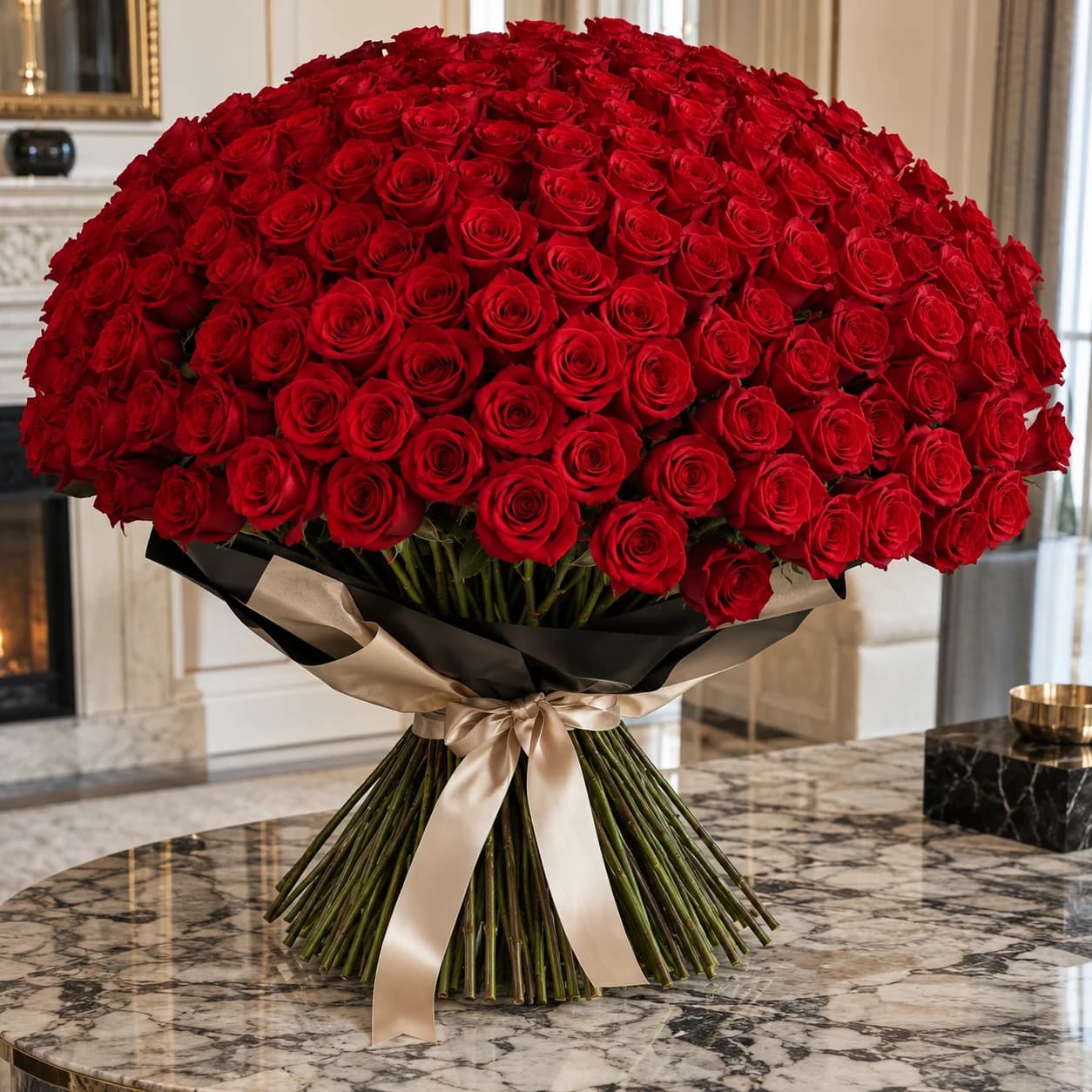 Rosella Élite 200 – Long-Stem Rose Bouquet: red long-stem roses with lower wrapping and visible stems
