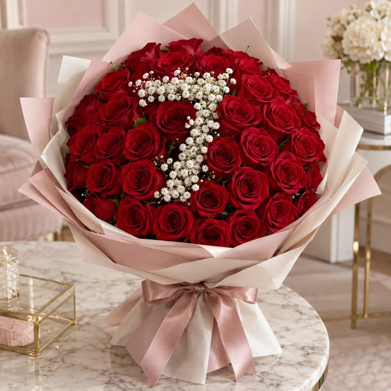 Rosella Milestone – Personalised Number Rose Bouquet: red roses with baby's-breath 7