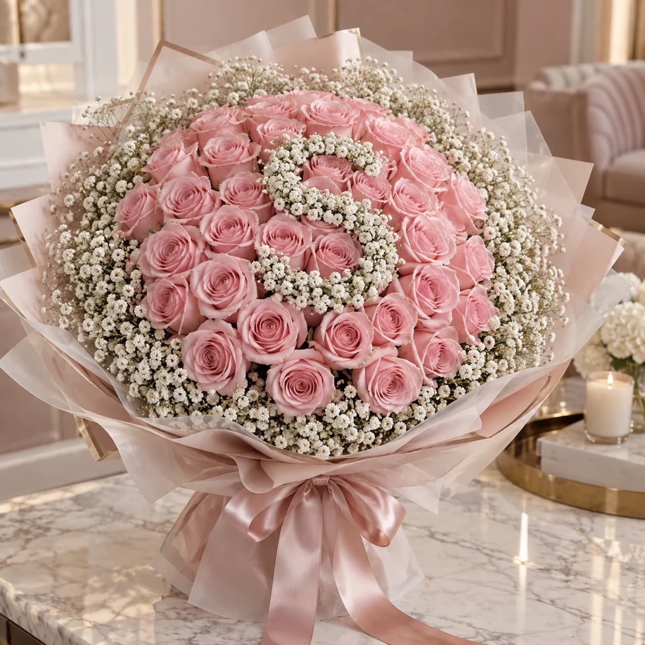 Rosella Halo – Personalised Rose & Baby’s Breath Bouquet: pink roses with baby's-breath S