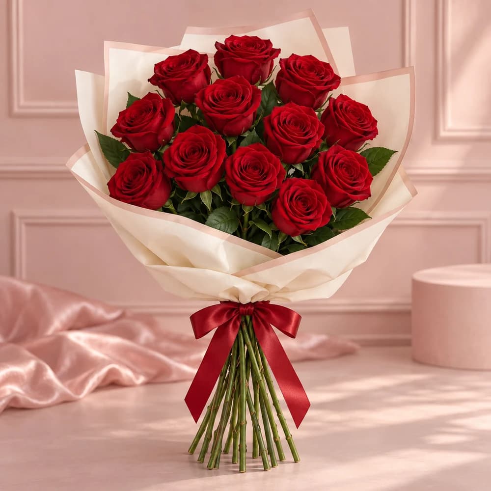 Rouge Petite — 12 Red Roses, fresh flower bouquet with exposed stems, Rosella Flowers & Gifting
