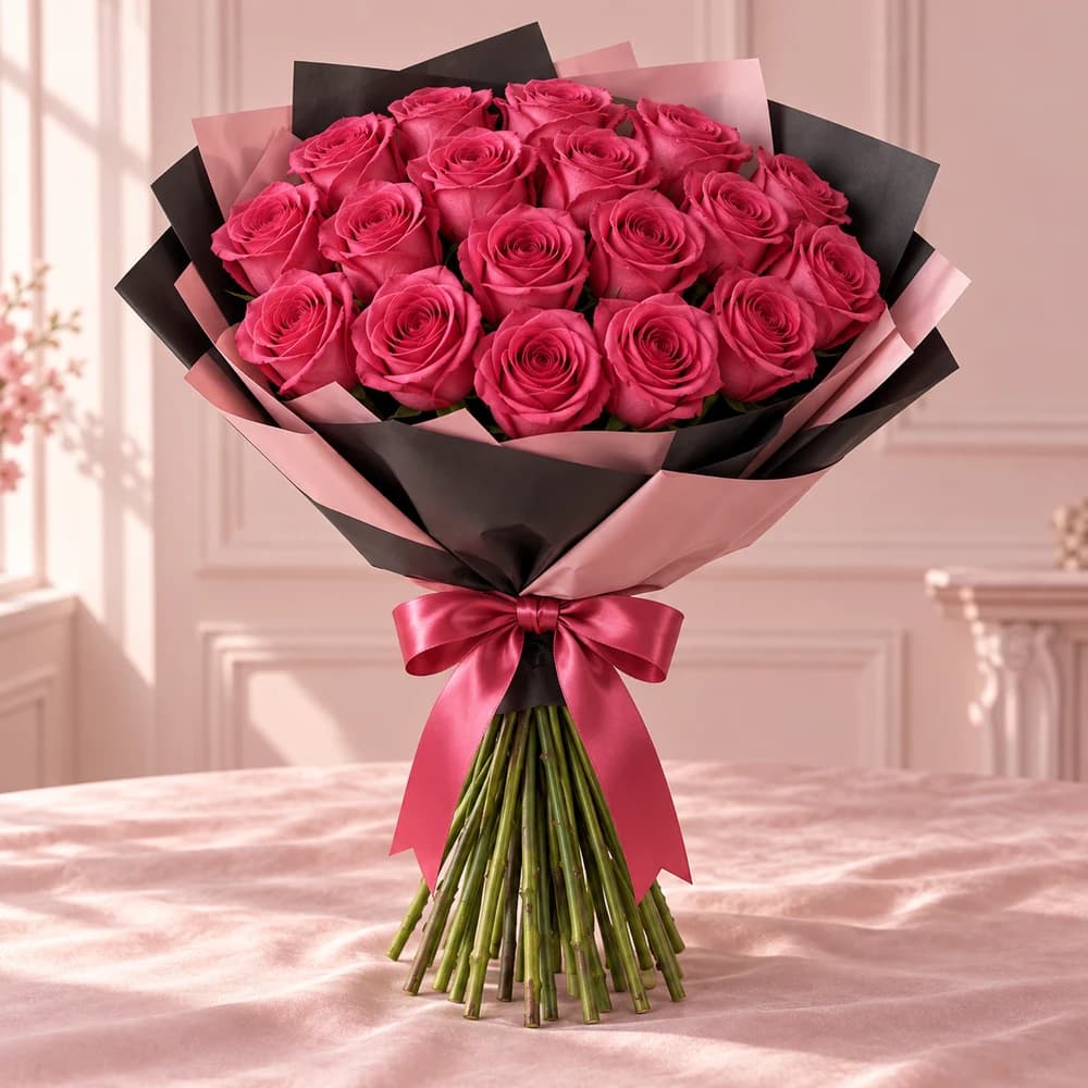 Pink Velvet — 20 Dark Pink Roses, fresh flower bouquet with exposed stems, Rosella Flowers & Gifting