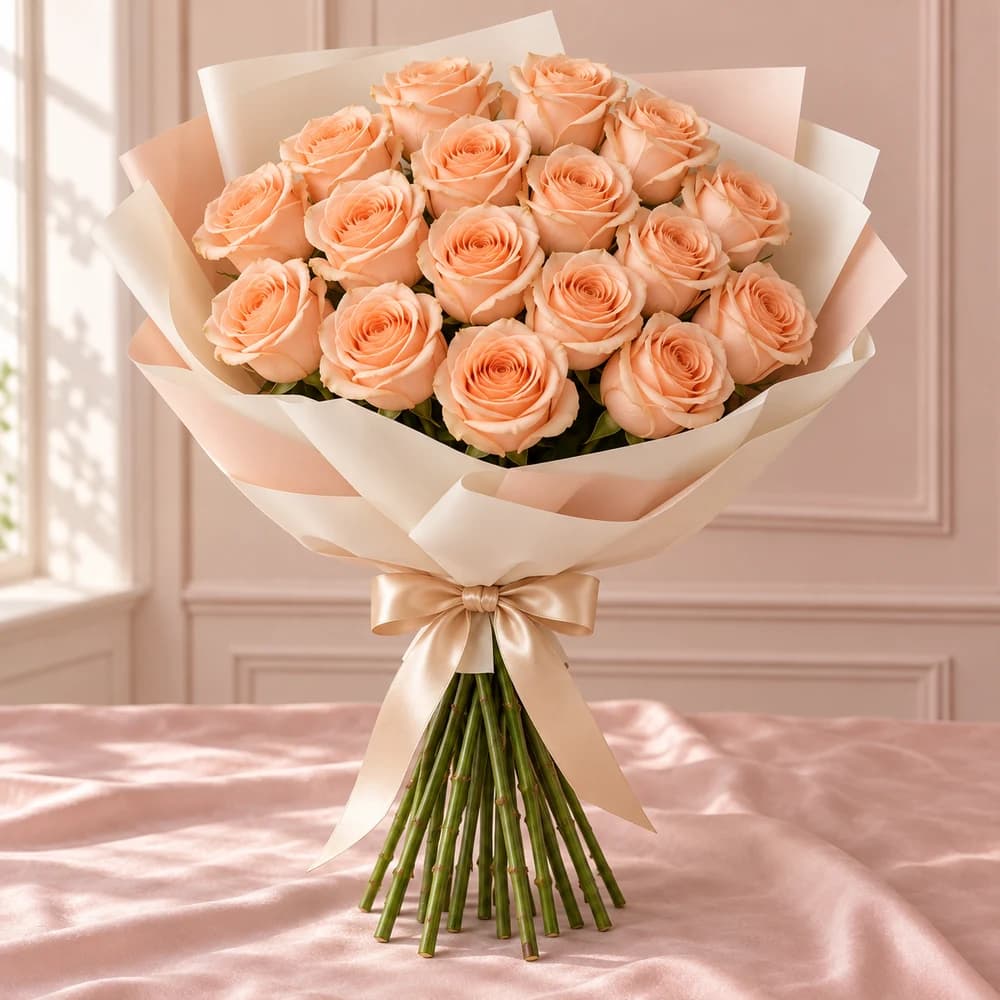 Peach Muse — 20 Peach Roses, fresh flower bouquet with exposed stems, Rosella Flowers & Gifting
