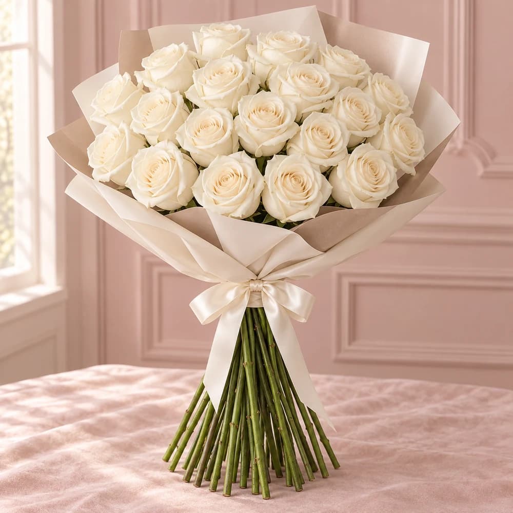 Pearl Poem — 20 Pearl/Ivory Roses, fresh flower bouquet with exposed stems, Rosella Flowers & Gifting