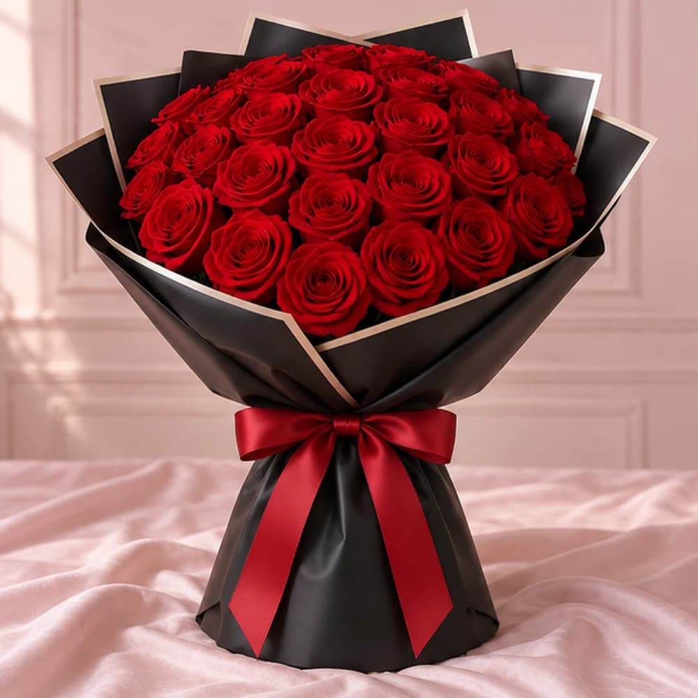 Rouge Rendezvous — 30 Red Roses, fresh flower bouquet with covered stems, Rosella Flowers & Gifting