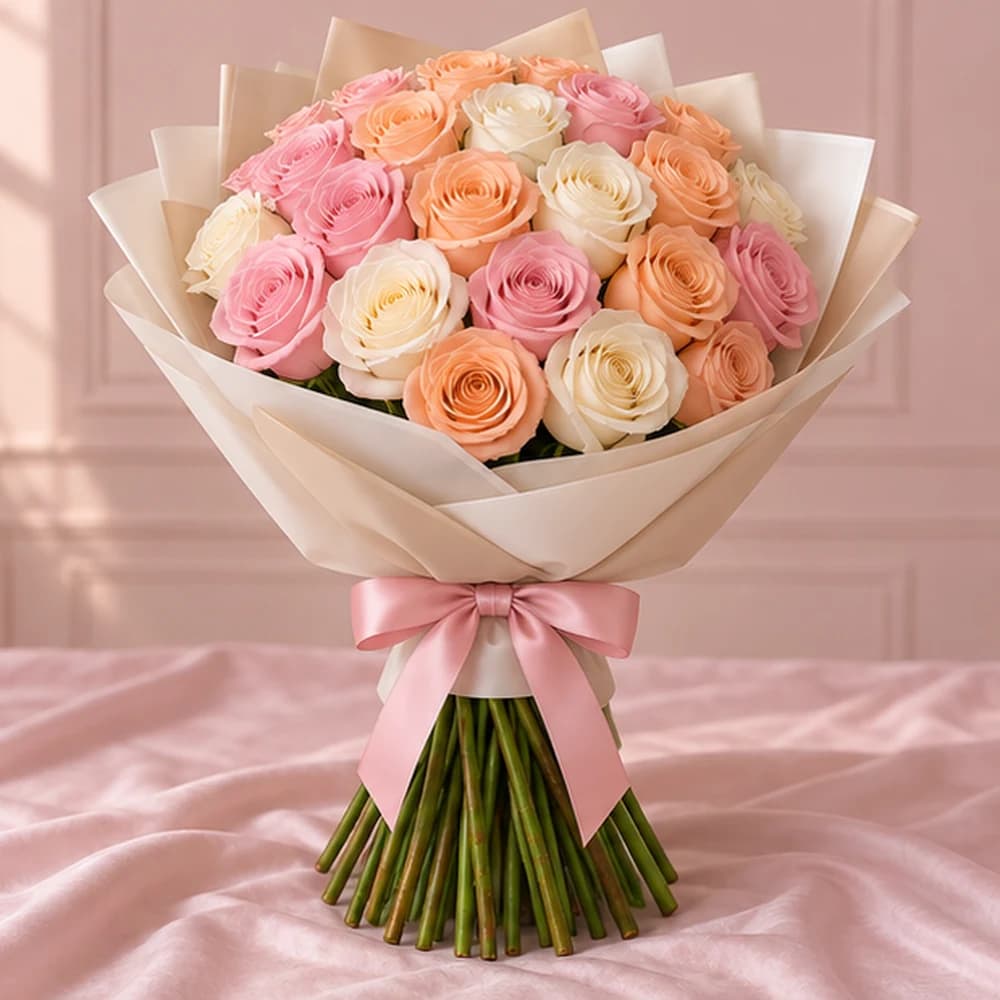 Pastel Reverie — 30 Mixed Pastel Roses, fresh flower bouquet with exposed stems, Rosella Flowers & Gifting